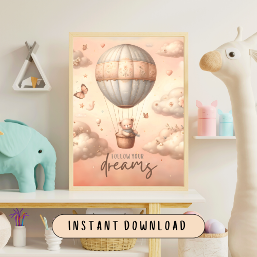 Follow Your Dreams - Teddy Bear in Hot Air Balloon Nursery Art Print