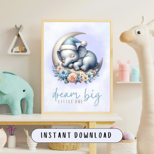 Dream Big Little One - Slumbering Elephant on Crescent Moon Nursery Art Print