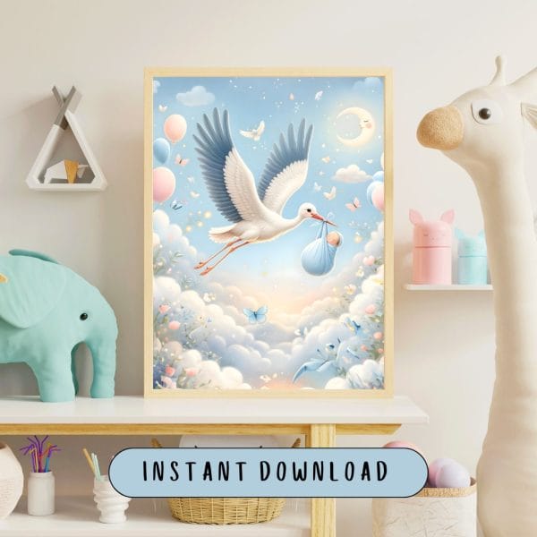 New Horizons - Stork Delivering Baby Boy Nursery Art, High Quality PDF, Baby Nursery Poster.