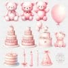Watercolour Baby Girl's First Birthday Clipart Collection, High Quality PNGs. Girls Birthday, Nursery Art, Card Making, Invitations
