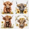 Highland Cow Clipart with Sunflowers, 12 PNG Images, Transparent Images, Cute Farm Animal Clipart, Watercolour Highland Cow Digital Download