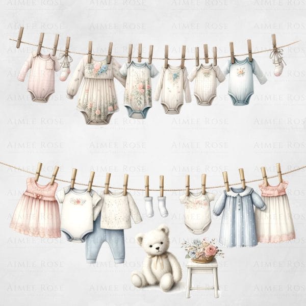 10 Shabby Chic Watercolor Clothes Line Clipart | Baby Clothes, DIY Projects, Scrapbooking, and Invitations | Transparent PNG Images 300 DPI