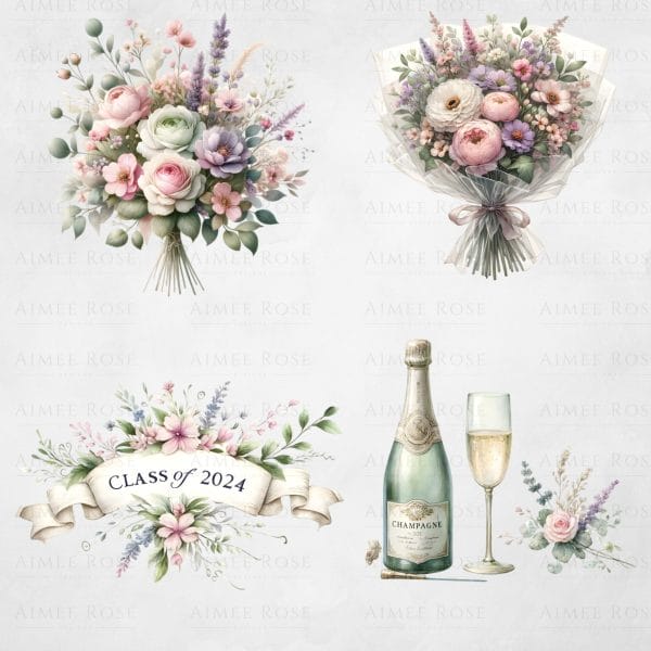 16 Shabby Chic Graduation Clipart Pack | Class of 2024 | Watercolour Graduation Elements | 16 PNG Images | 300 DPI | Floral Vintage Design