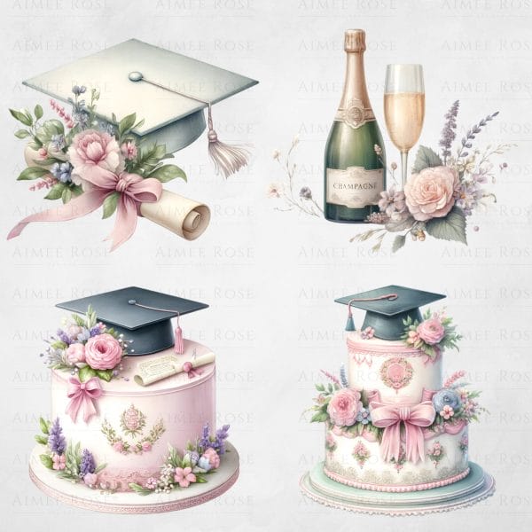 16 Shabby Chic Graduation Clipart Pack | Class of 2024 | Watercolour Graduation Elements | 16 PNG Images | 300 DPI | Floral Vintage Design