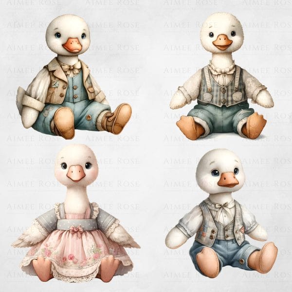 Plush Animal Clipart - Shabby Chic Vintage Style Mice, Geese, Rabbits - Cards, Invitations, Prints, Journals, Planners, Sublimation