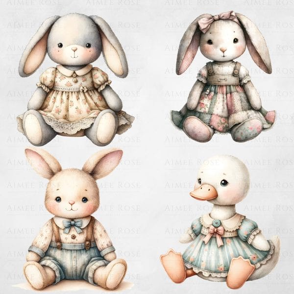 Plush Animal Clipart - Shabby Chic Vintage Style Mice, Geese, Rabbits - Cards, Invitations, Prints, Journals, Planners, Sublimation
