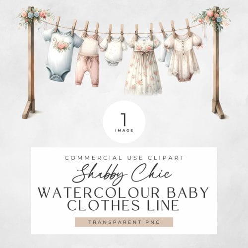 Baby Clothes Line Clipart - Shabby Chic Watercolour  - Vintage Nursery Decor - High Resolution 300 DPI Transparent PNG -  Digital Download