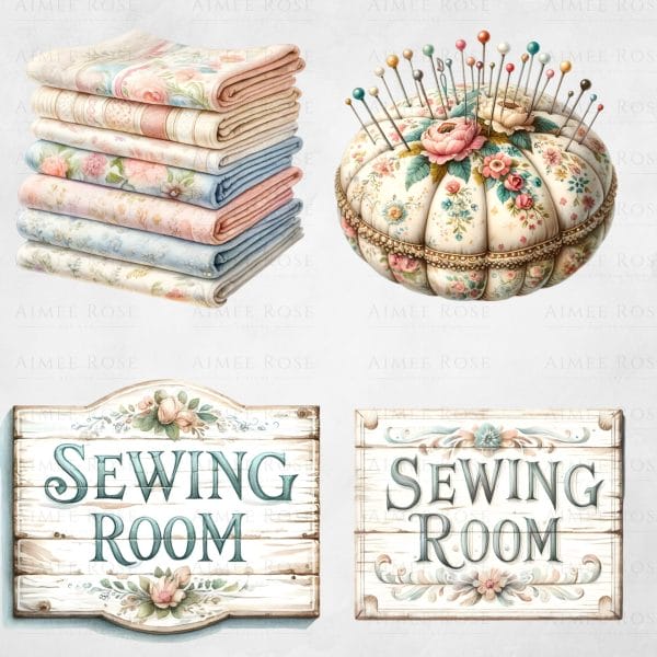 24 Shabby Chic Sewing Room Clipart Vintage Sewing Machine, Scissors, Pin Cushion, Fabric Rolls, Sewing Box, Sewing Room Decor | PNG Images