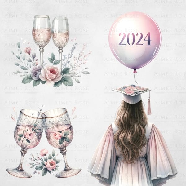 16 Shabby Chic Graduation Clipart Pack | Class of 2024 | Watercolour Graduation Elements | 16 PNG Images | 300 DPI | Floral Vintage Design