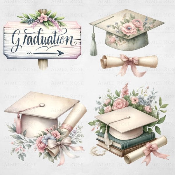 16 Shabby Chic Graduation Clipart Pack | Class of 2024 | Watercolour Graduation Elements | 16 PNG Images | 300 DPI | Floral Vintage Design