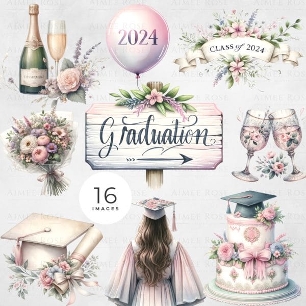 16 Shabby Chic Graduation Clipart Pack | Class of 2024 | Watercolour Graduation Elements | 16 PNG Images | 300 DPI | Floral Vintage Design