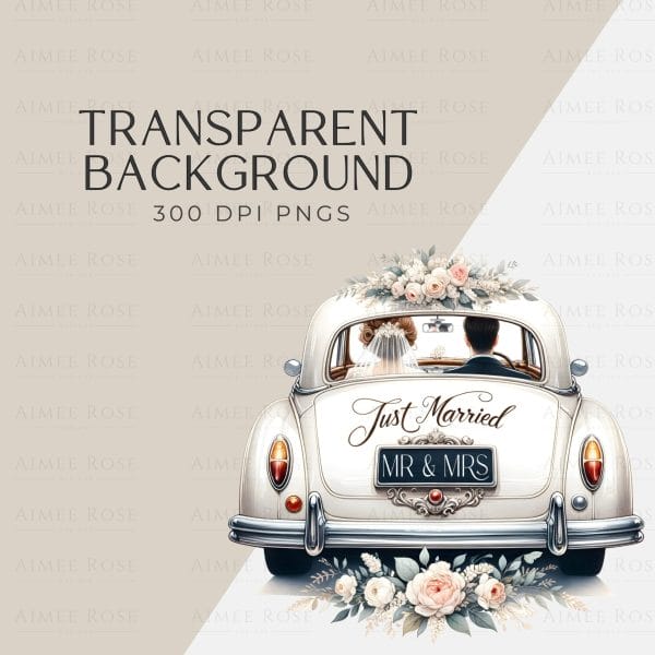 Wedding Car Clipart - Vintage Just Married -  Greeting Cards, Invitations, Prints, Sublimation, Junk Journals & Planners | 300 DPI PNG