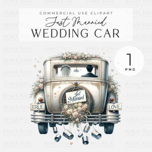 Wedding Car PNG - Vintage Just Married Clipart | Greeting Cards, Invitations, Prints, Sublimation, Junk Journals & Planners - 300 DPI PNG
